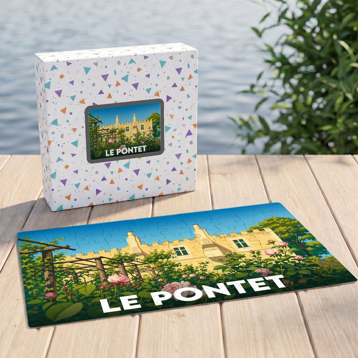 Puzzle souvenir de la ville de Le Pontet avec une illustration stylisée d'un château et de jardins.