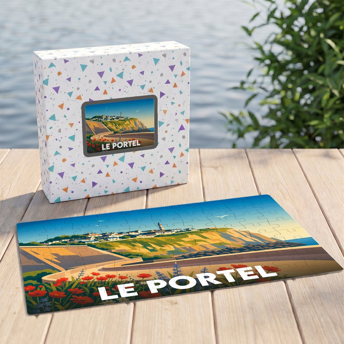 Puzzle souvenir de la ville du Portel avec une illustration stylisée d'un paysage côtier.