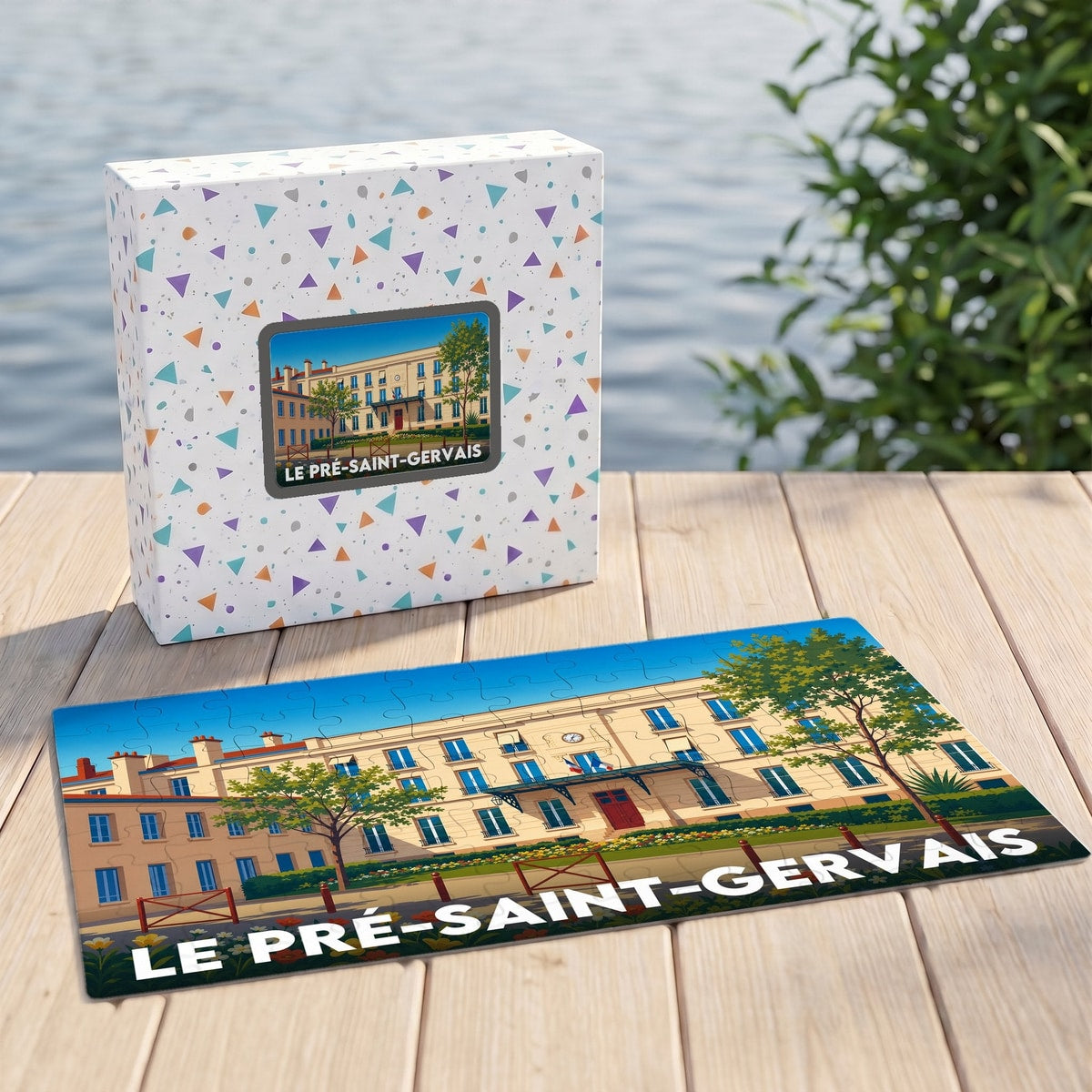 Puzzle souvenir de la ville de Le Pré-Saint-Gervais représentant une illustration stylisée de sa mairie.