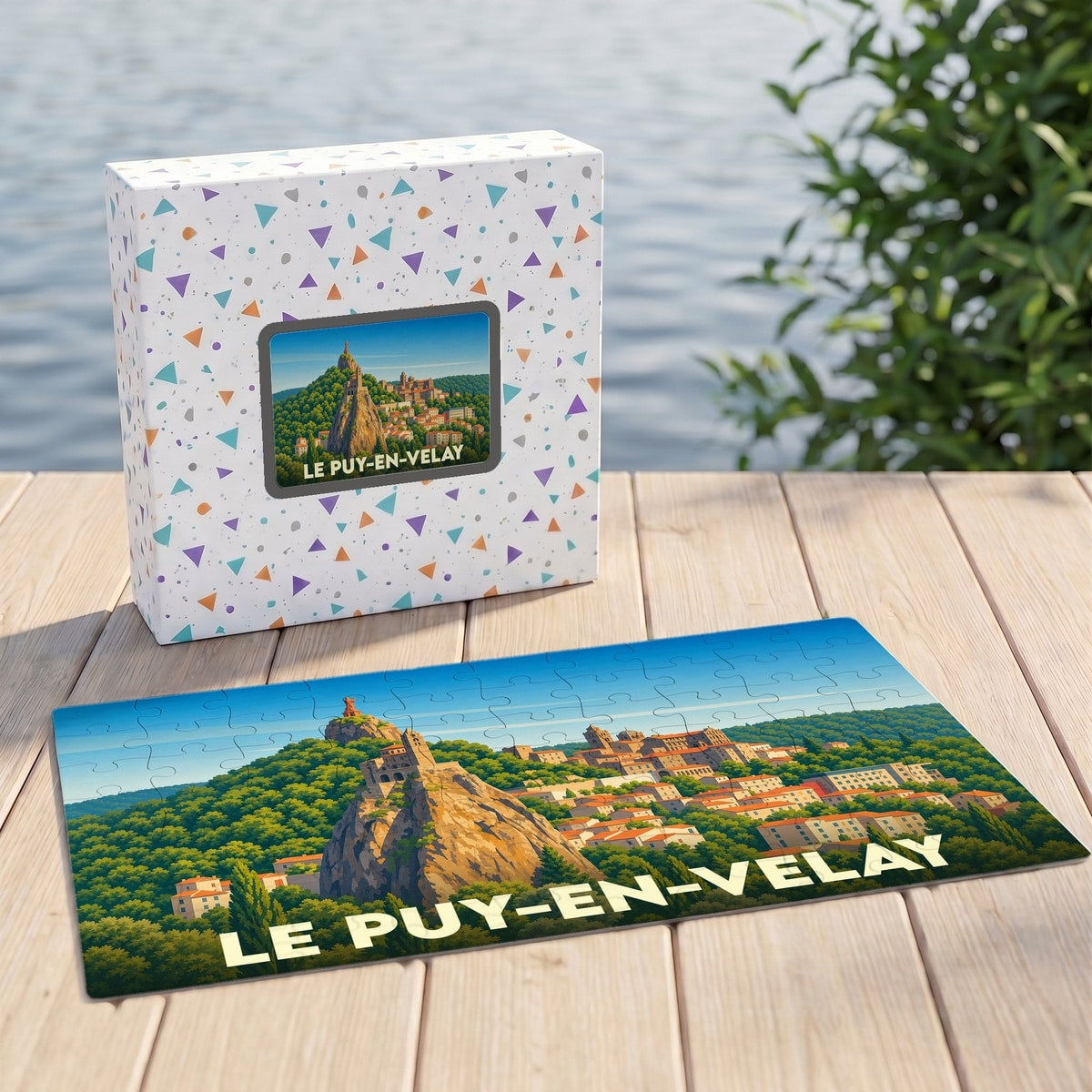 Puzzle souvenir de la ville du Puy-en-Velay représentant ses célèbres rochers et monuments sous forme d'illustration.