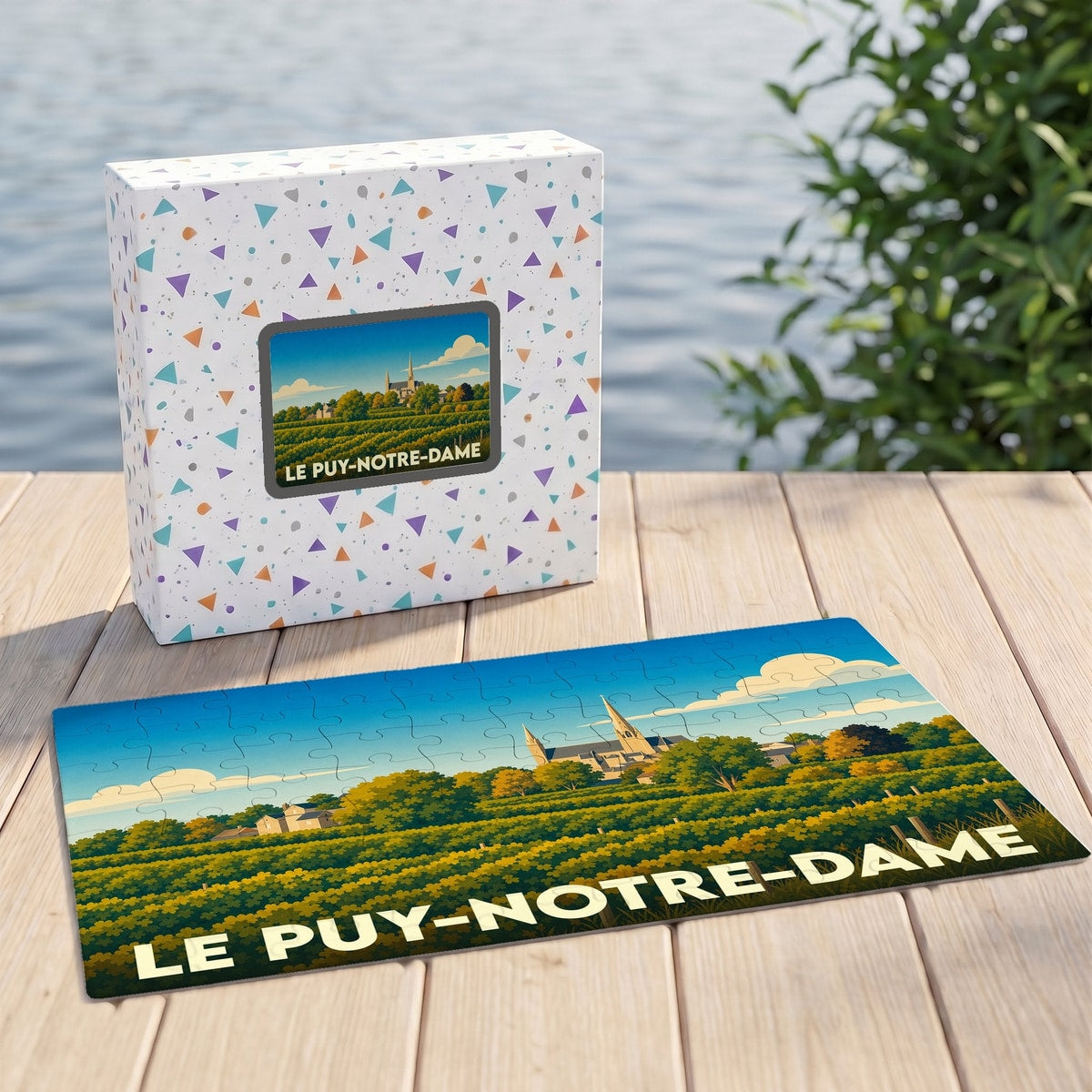 Puzzle souvenir de la commune du Puy-Notre-Dame présentant une illustration stylisée de son église et de ses vignobles.