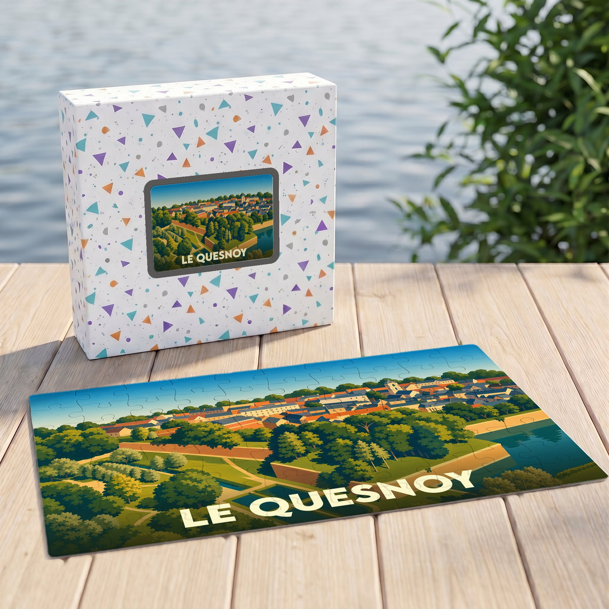 Puzzle souvenir de la ville du Quesnoy avec une illustration stylisée de ses remparts et de son paysage urbain.