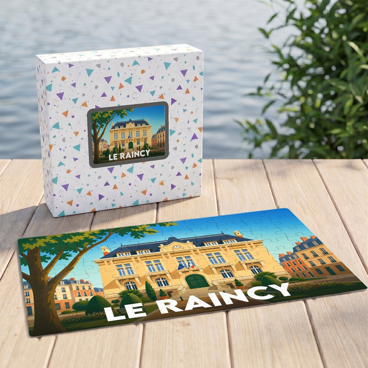 Puzzle souvenir de la ville de Le Raincy illustrant son hôtel de ville avec un style graphique épuré.
