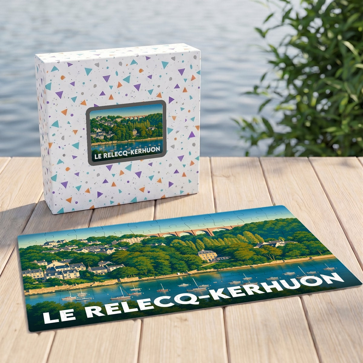 Puzzle souvenir de la ville du Relecq-Kerhuon avec son coffret assorti illustrant un paysage côtier stylisé.