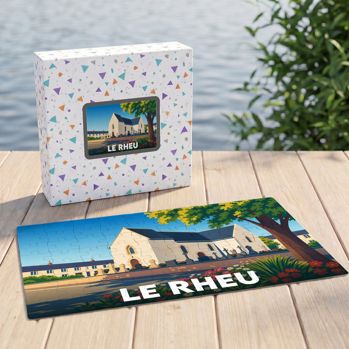Puzzle souvenir de la ville de Le Rheu avec une illustration stylisée de son église et de ses environs.