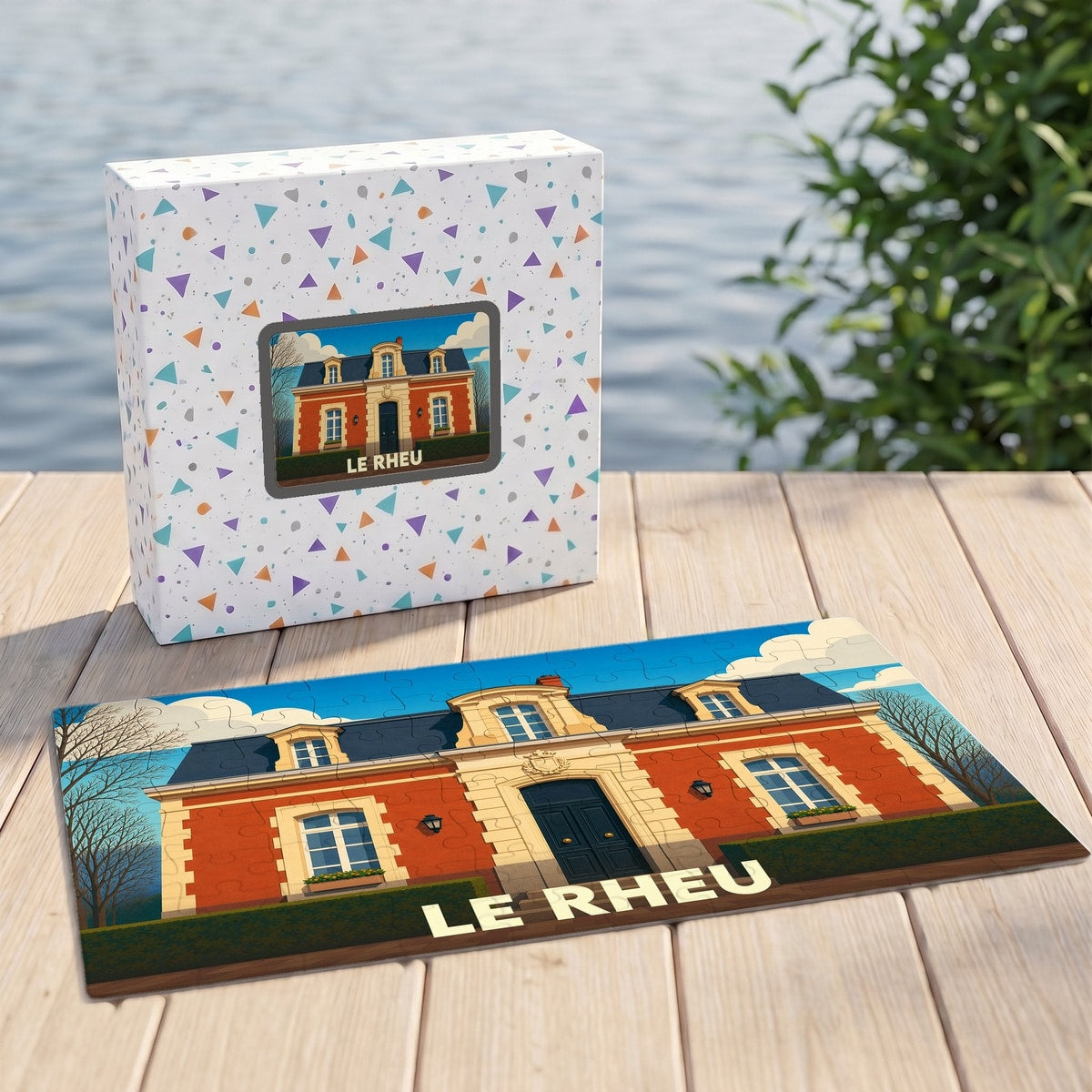 Puzzle souvenir de la ville du Rheu illustrant une demeure de caractère dans un style graphique épuré.