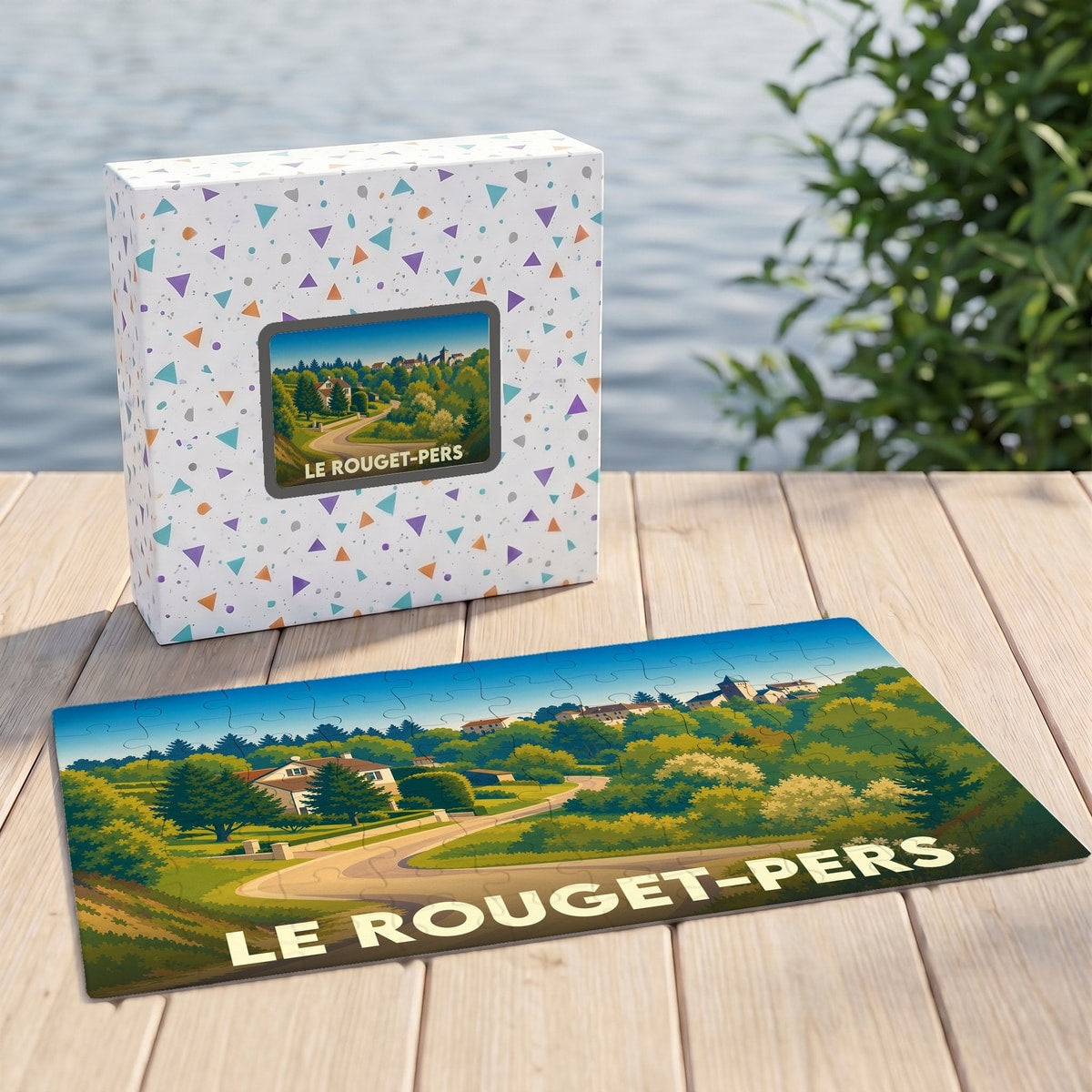 Puzzle souvenir de la commune de Le Rouget-Pers avec une illustration de paysage champêtre.