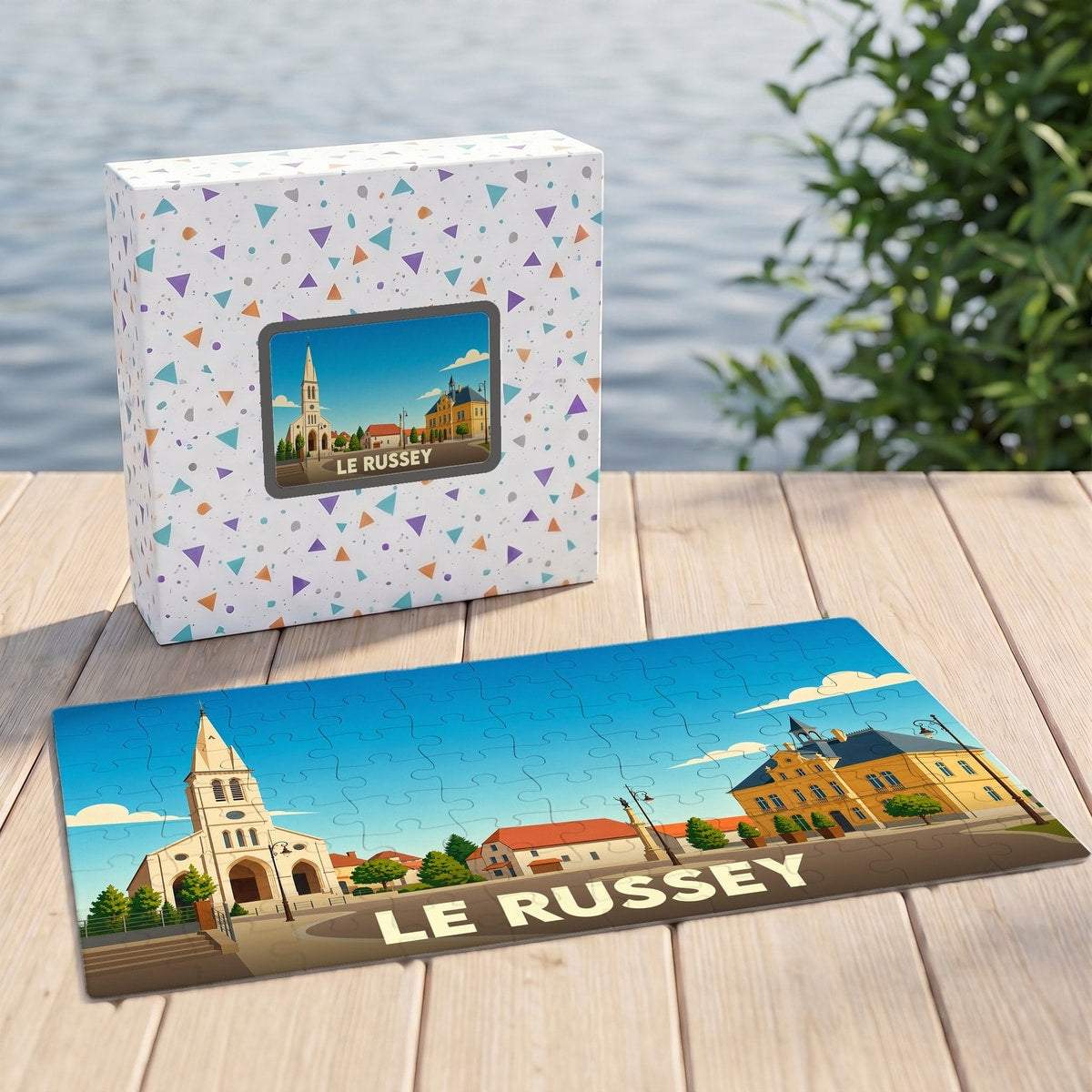 Puzzle souvenir de la ville de Le Russey avec une illustration stylisée et colorée.