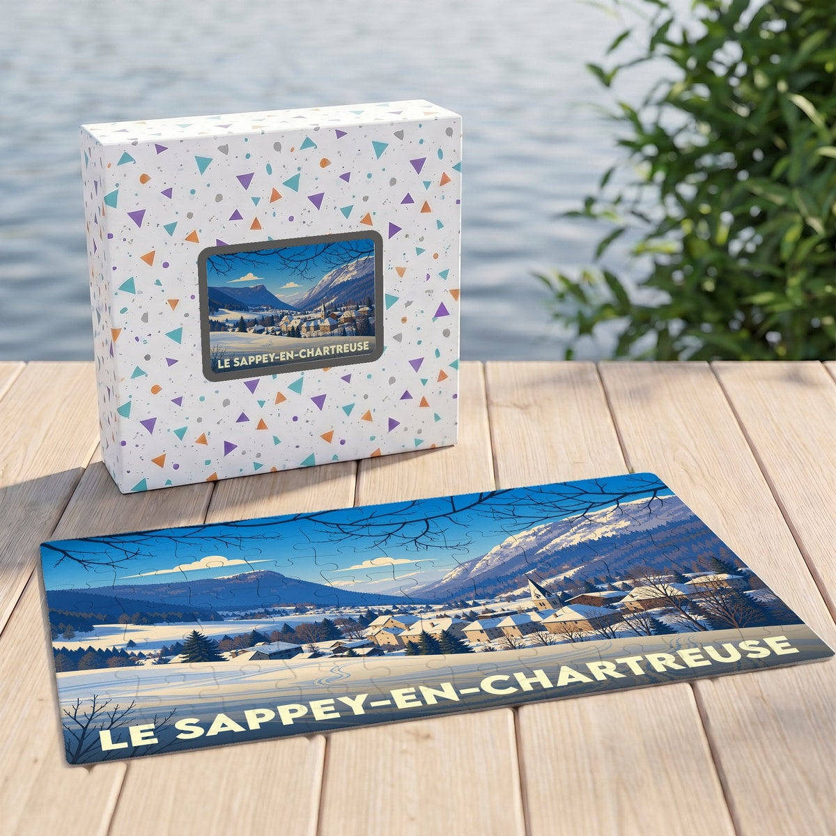 Puzzle souvenir de la commune Le Sappey-en-Chartreuse avec une illustration de paysage de montagne enneigé.