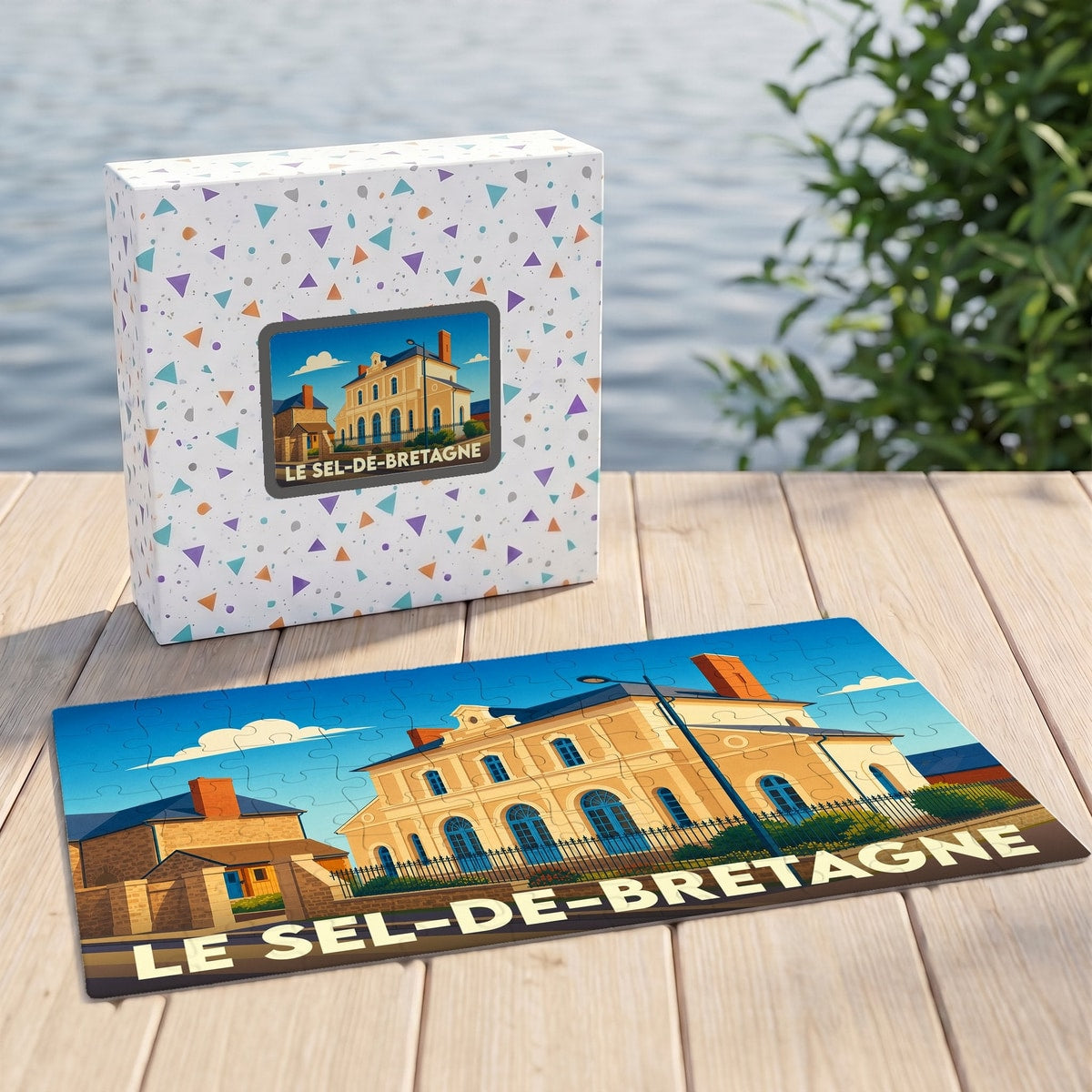Puzzle souvenir de la ville de Le Sel-de-Bretagne avec une illustration stylisée d'un bâtiment historique.