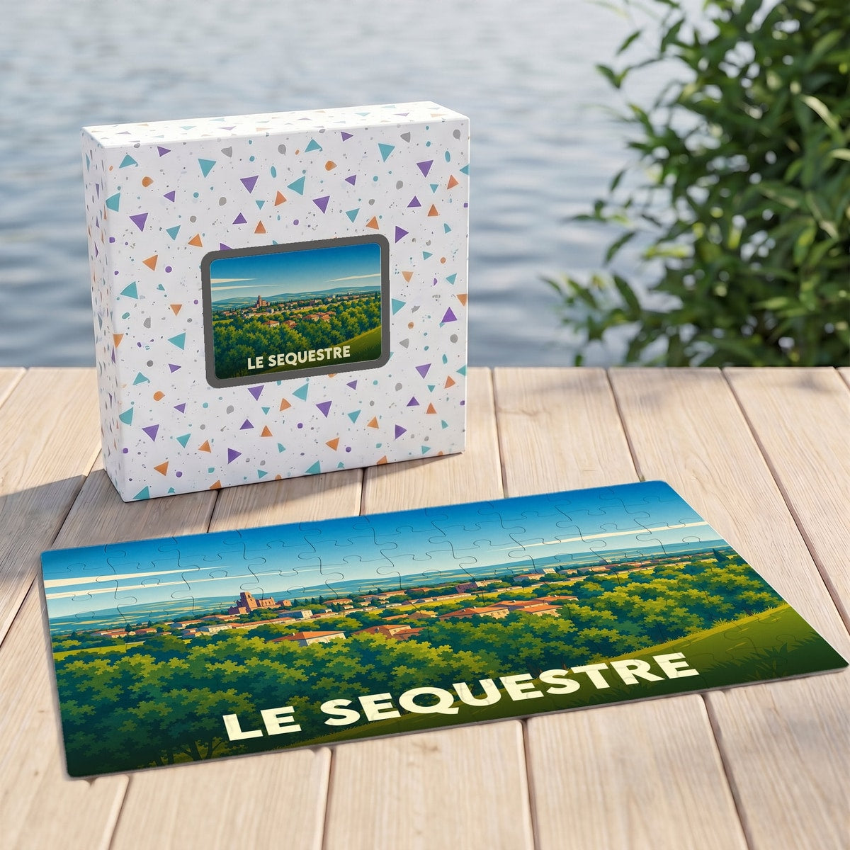Puzzle souvenir de la ville de Le Sequestre avec une illustration stylisée et colorée de son paysage.
