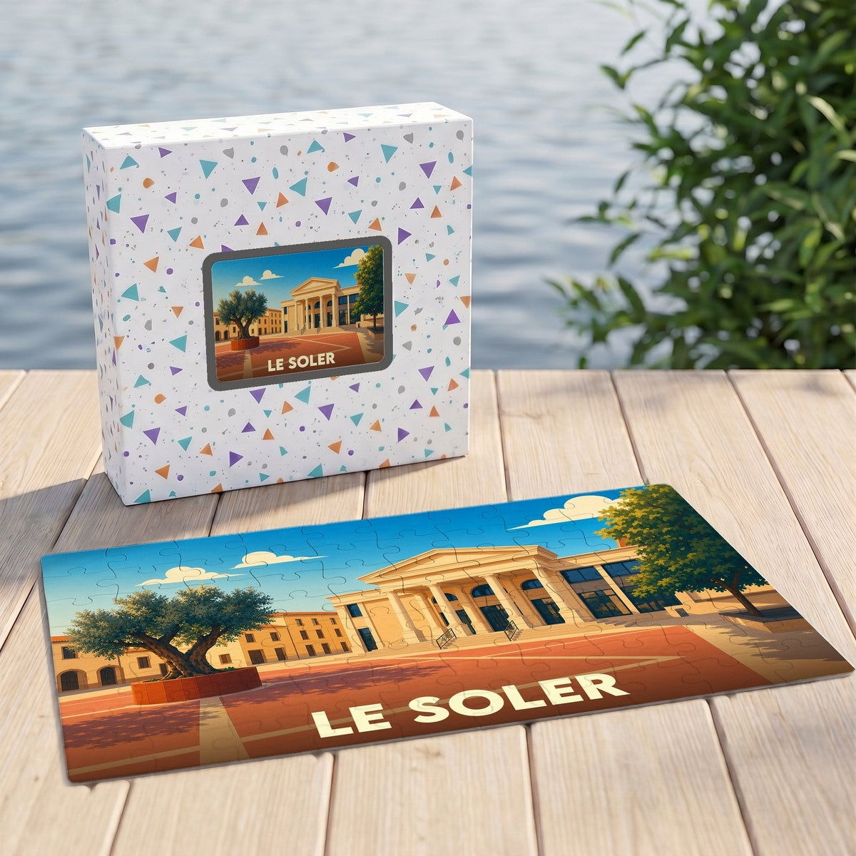 Puzzle souvenir de la ville de Le Soler avec une illustration stylisée de sa place principale.