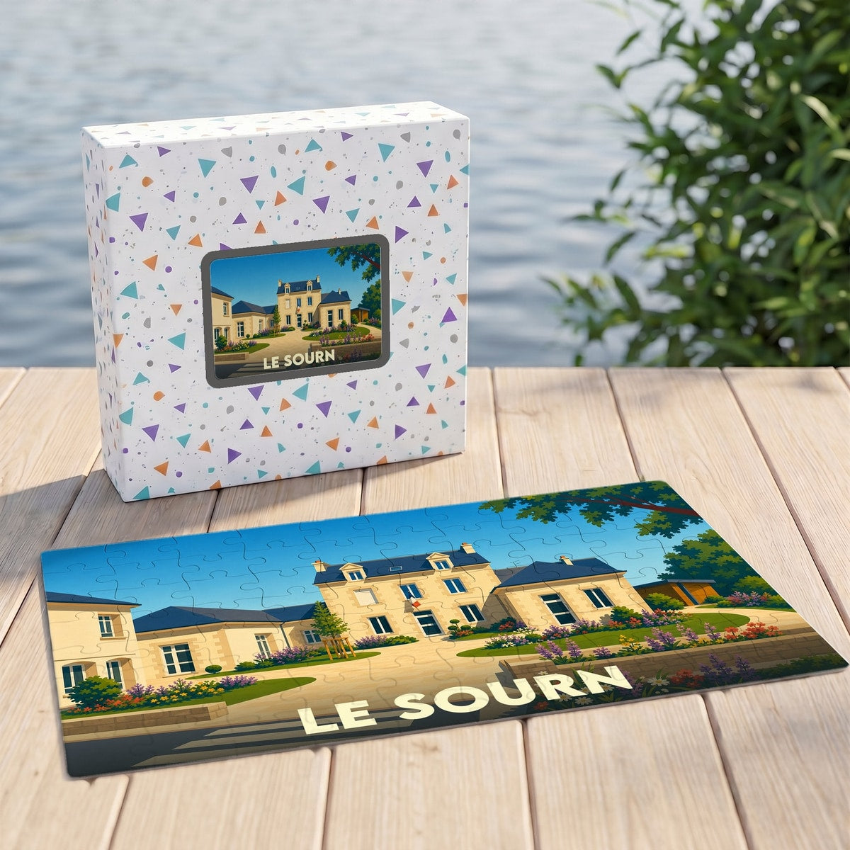 Puzzle souvenir de la ville de Le Sourn illustrant l'hôtel de ville dans un style graphique épuré.