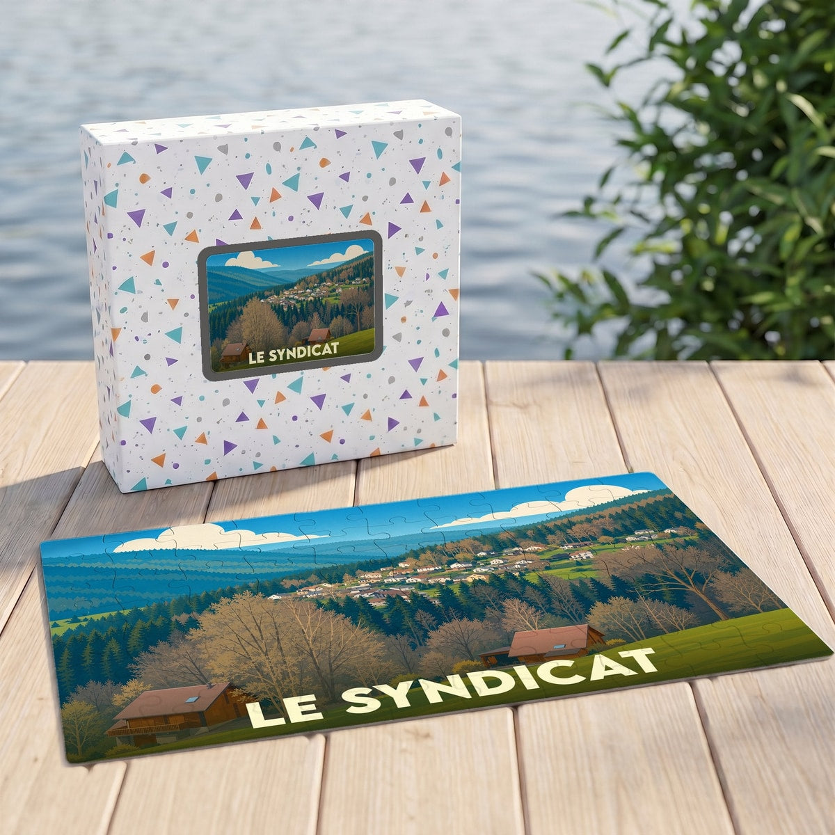 Puzzle souvenir de la ville de Le Syndicat représentant un paysage de montagne illustré.