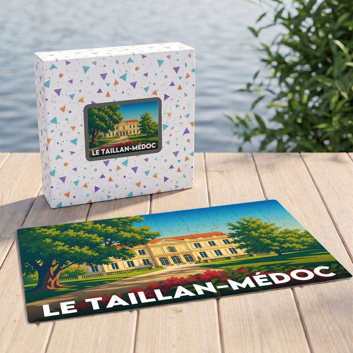 Puzzle souvenir de la ville de Le Taillan-Médoc avec une illustration stylisée d'un château.