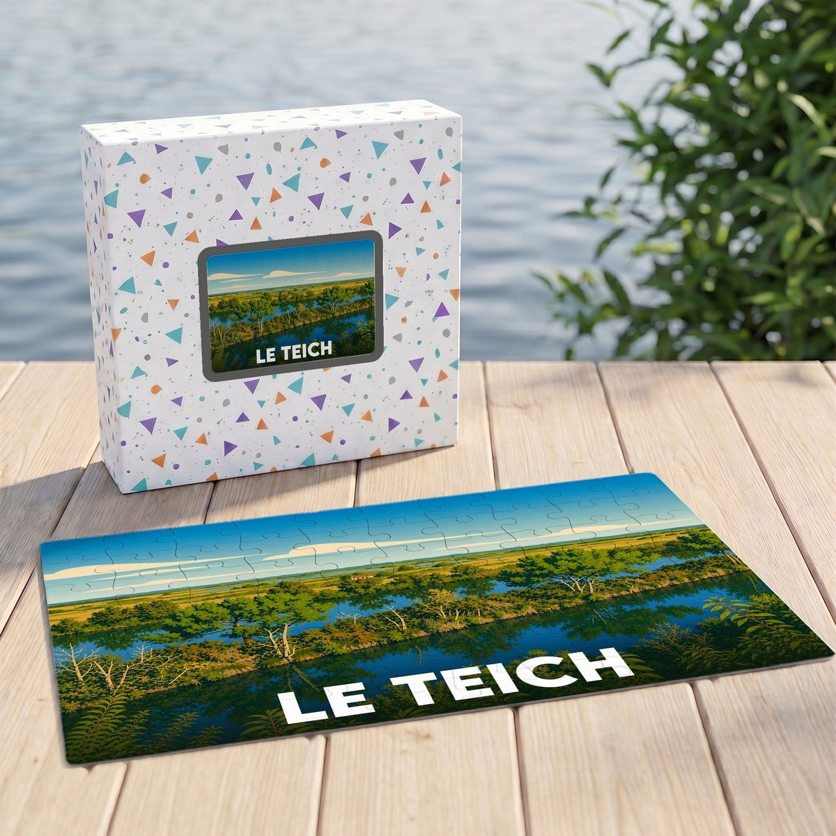 Puzzle souvenir de la ville de Le Teich avec une illustration paysagère stylisée.
