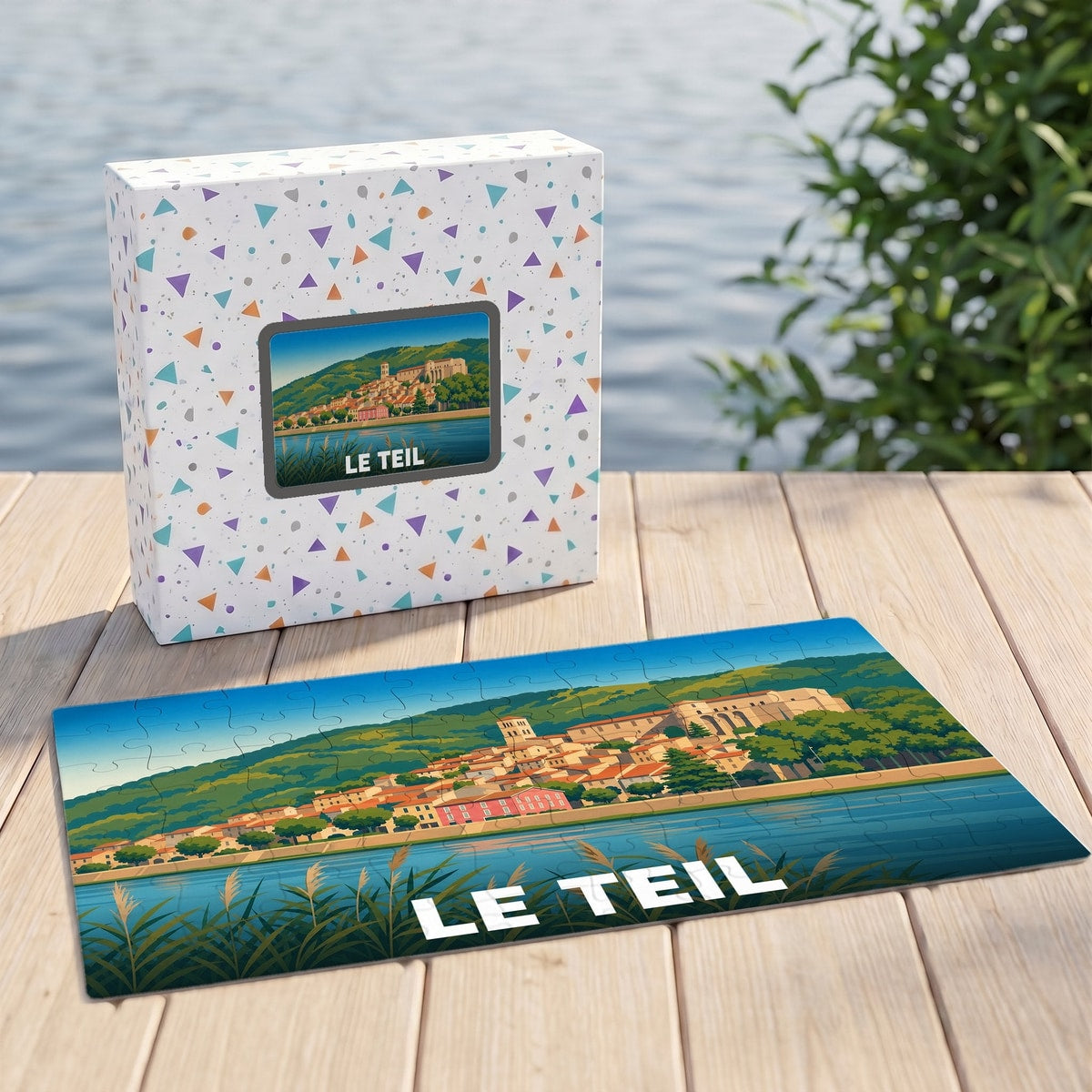 Puzzle souvenir de la ville de Le Teil avec une illustration stylisée d'un paysage urbain au bord de l'eau.