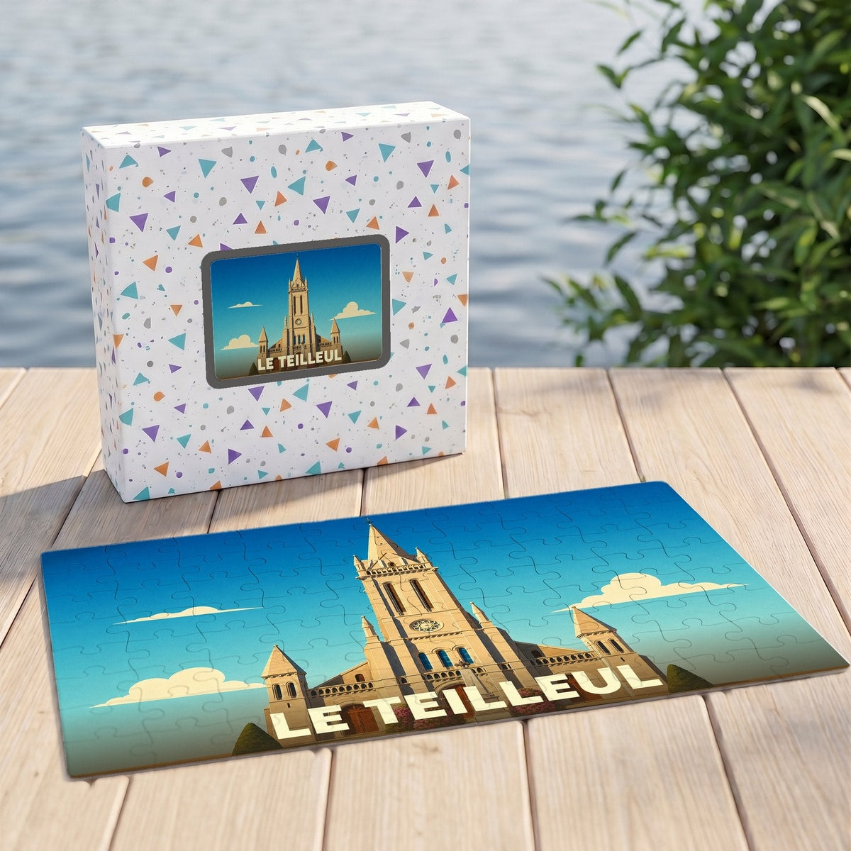 Puzzle souvenir de la ville de Le Teilleul représentant son église dans un style illustré.