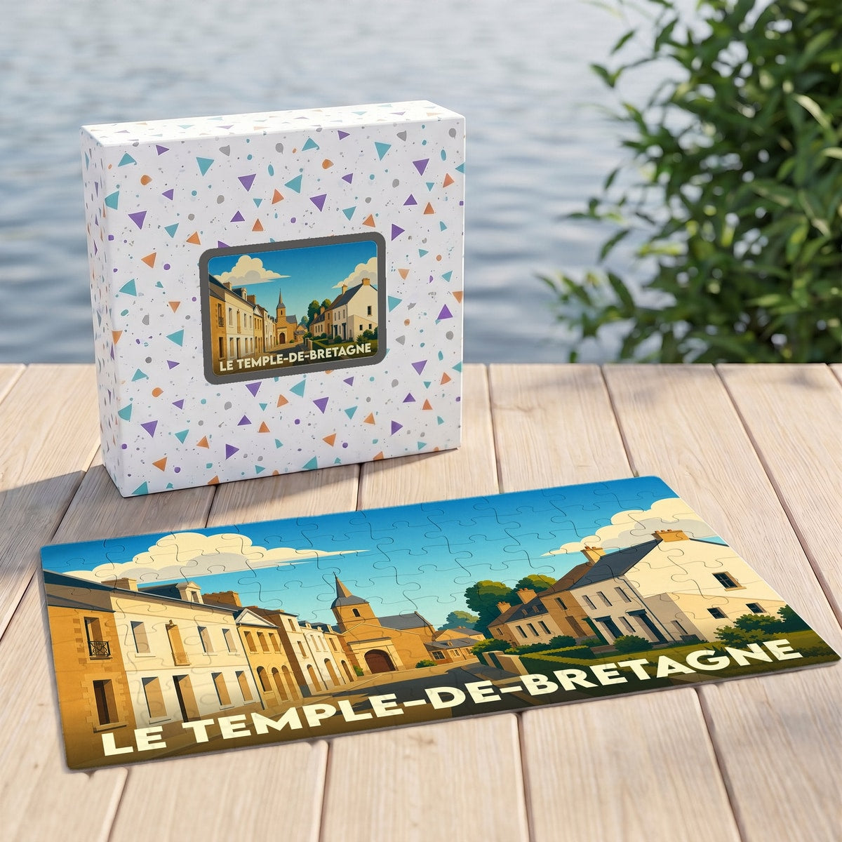 Puzzle souvenir de la ville de Le Temple-de-Bretagne avec une illustration stylisée d'une rue typique.