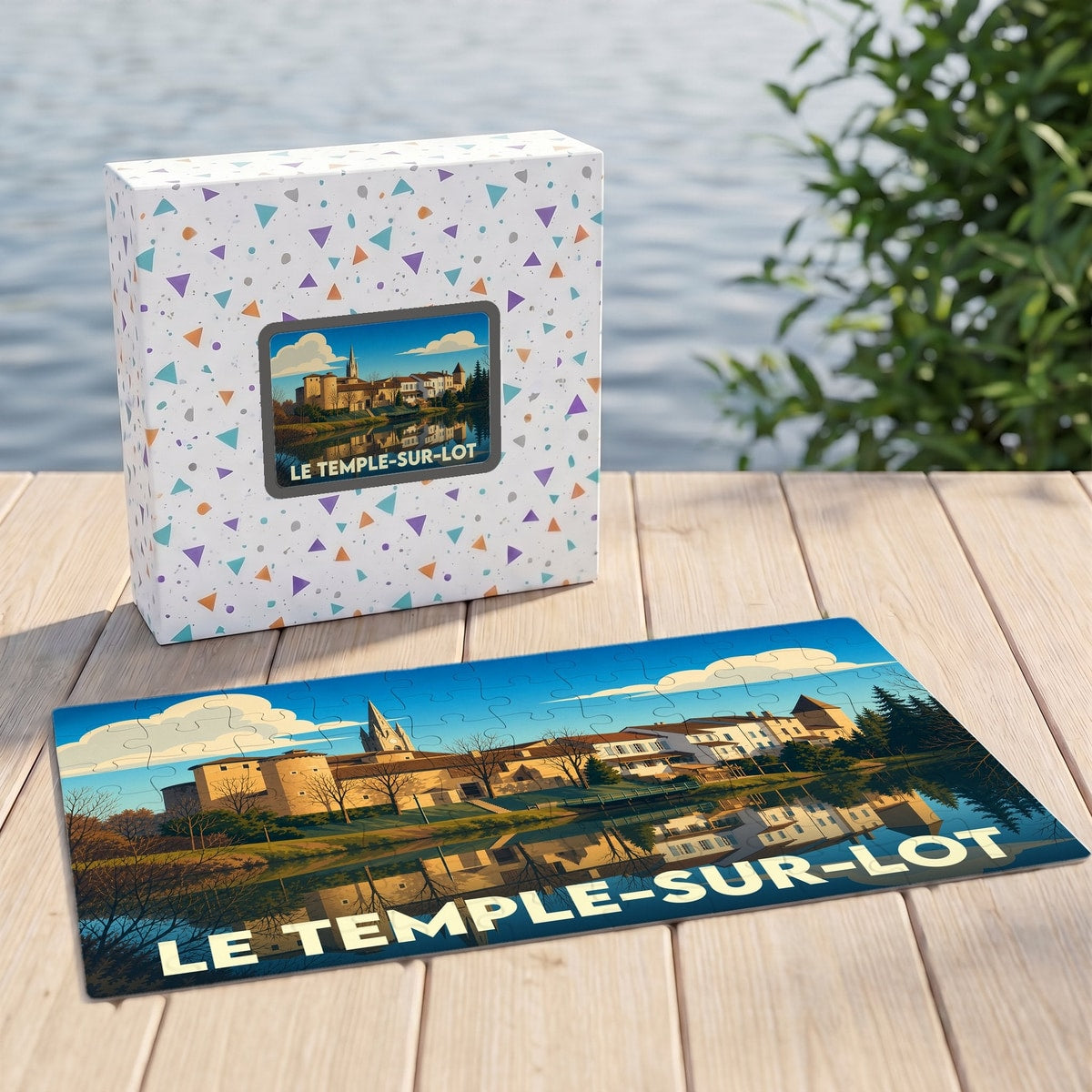 Puzzle souvenir de la ville de Le Temple-sur-Lot avec une illustration stylisée des bords du Lot.