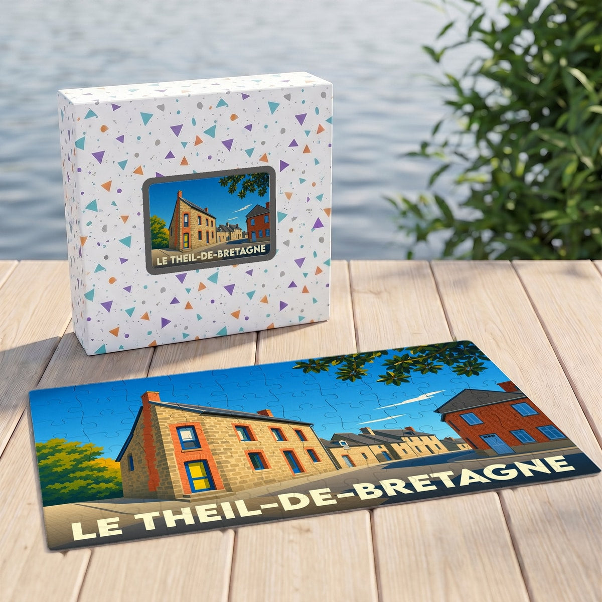 Puzzle souvenir de la ville de Le Theil-de-Bretagne avec une illustration stylisée.