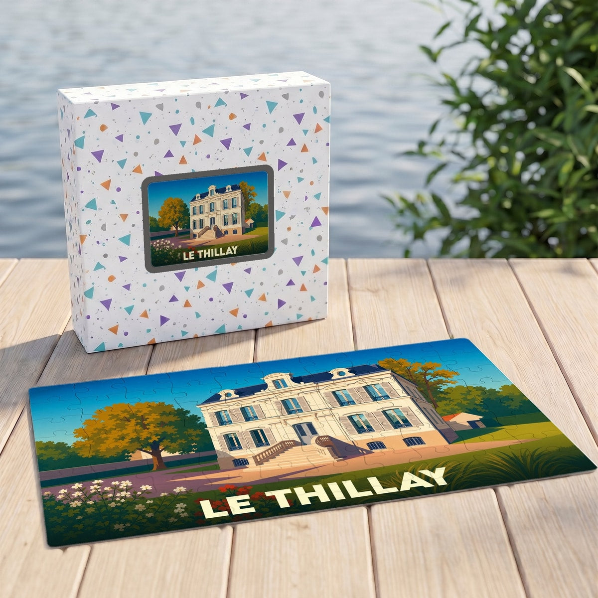 Puzzle souvenir de la ville de Le Thillay avec une illustration stylisée.