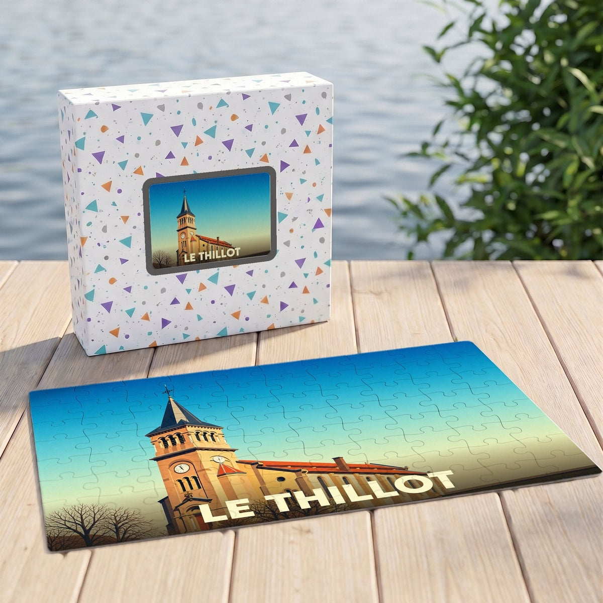 Puzzle souvenir de la ville du Thillot avec une illustration stylisée de son église.