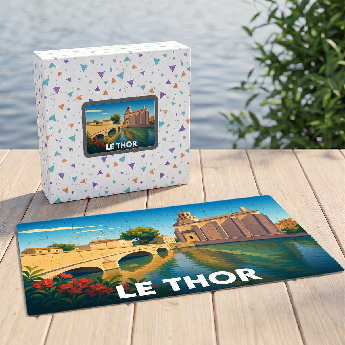 Puzzle souvenir de la ville de Le Thor avec une illustration stylisée de son pont et de son église au bord de l'eau.