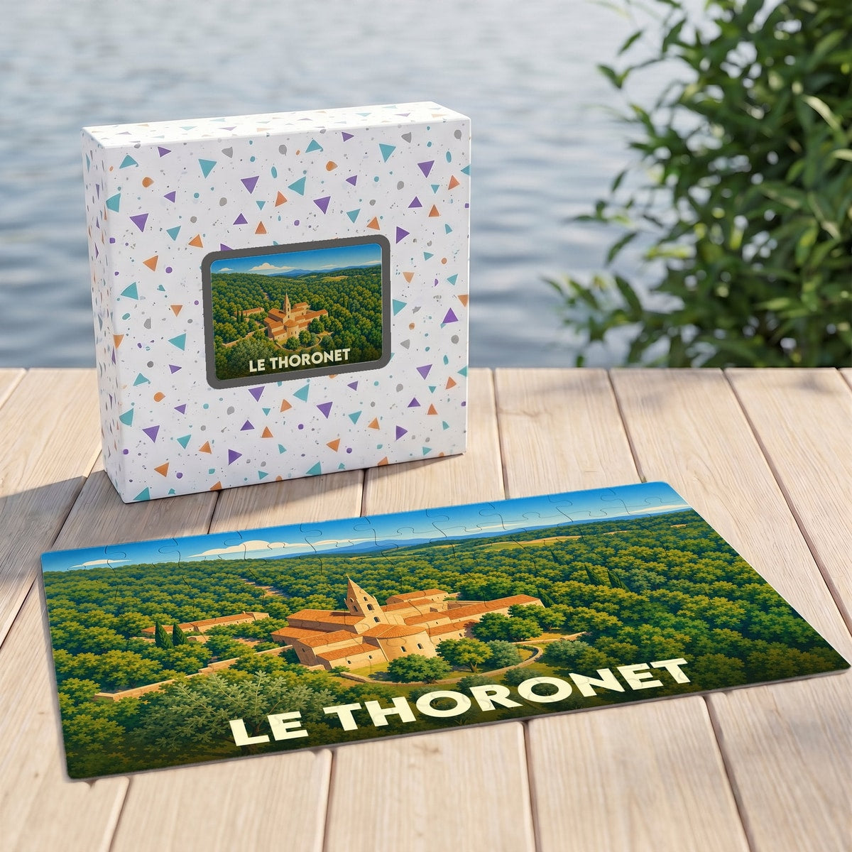 Puzzle souvenir de la ville de Le Thoronet avec une illustration stylisée de son abbaye nichée dans la forêt.