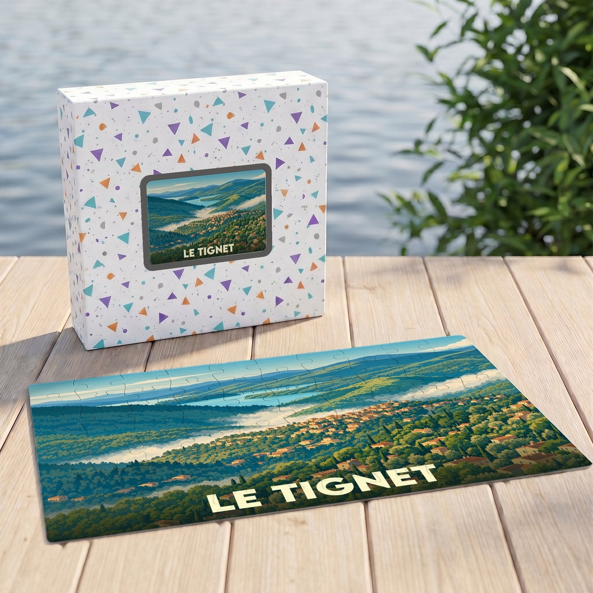 Puzzle souvenir de la ville de Le Tignet avec une illustration panoramique de ses paysages vallonnés.