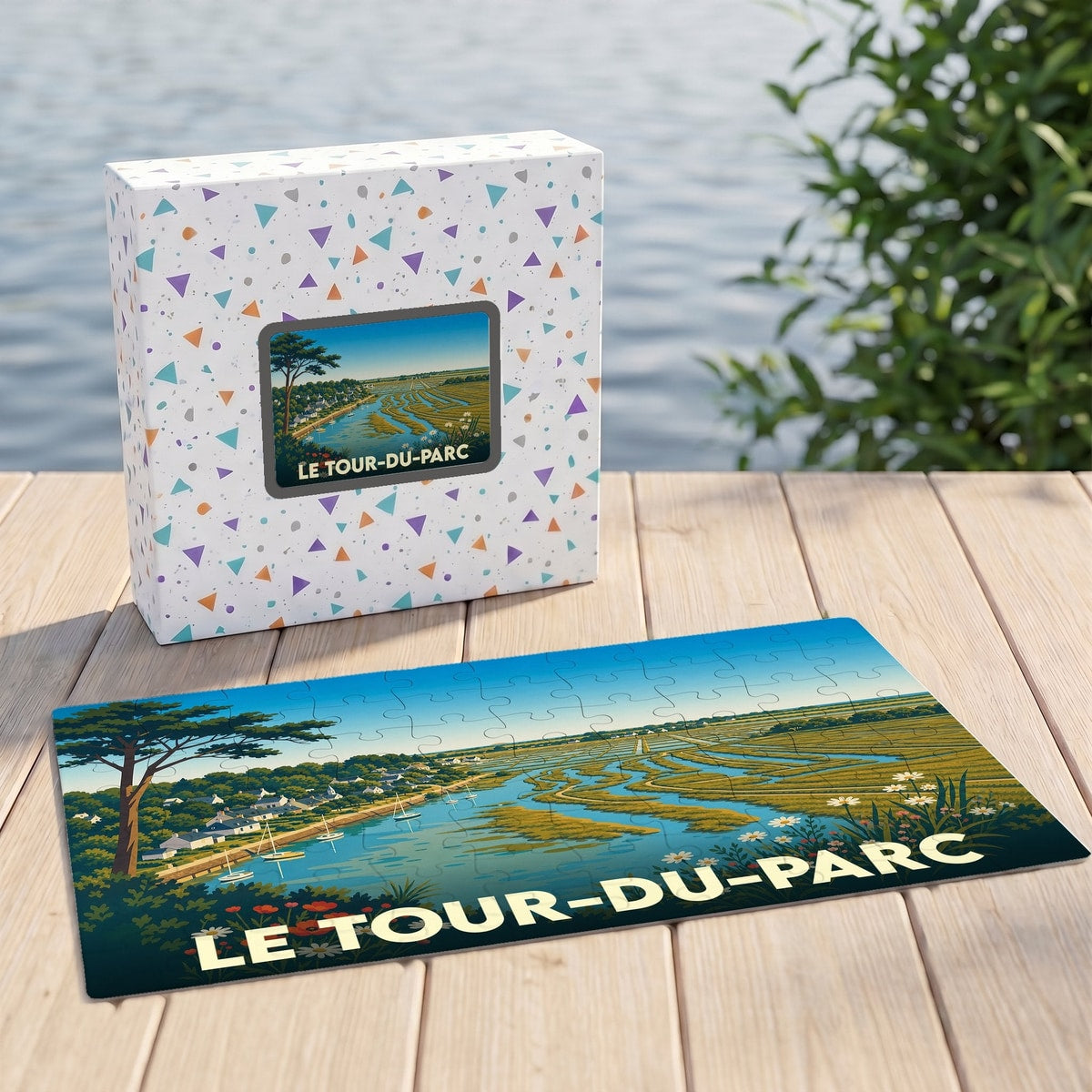 Puzzle souvenir de la ville de Le Tour-du-Parc avec une illustration de paysage côtier stylisée.