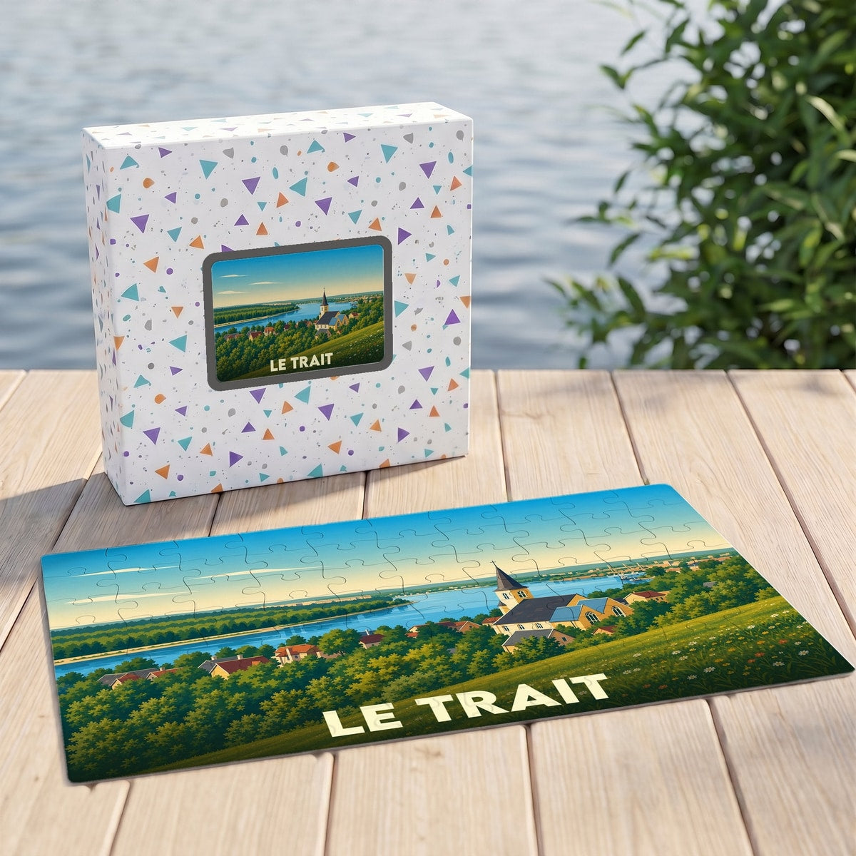 Puzzle souvenir de la ville de Le Trait présentant une vue panoramique illustrée de la commune et de la Seine.