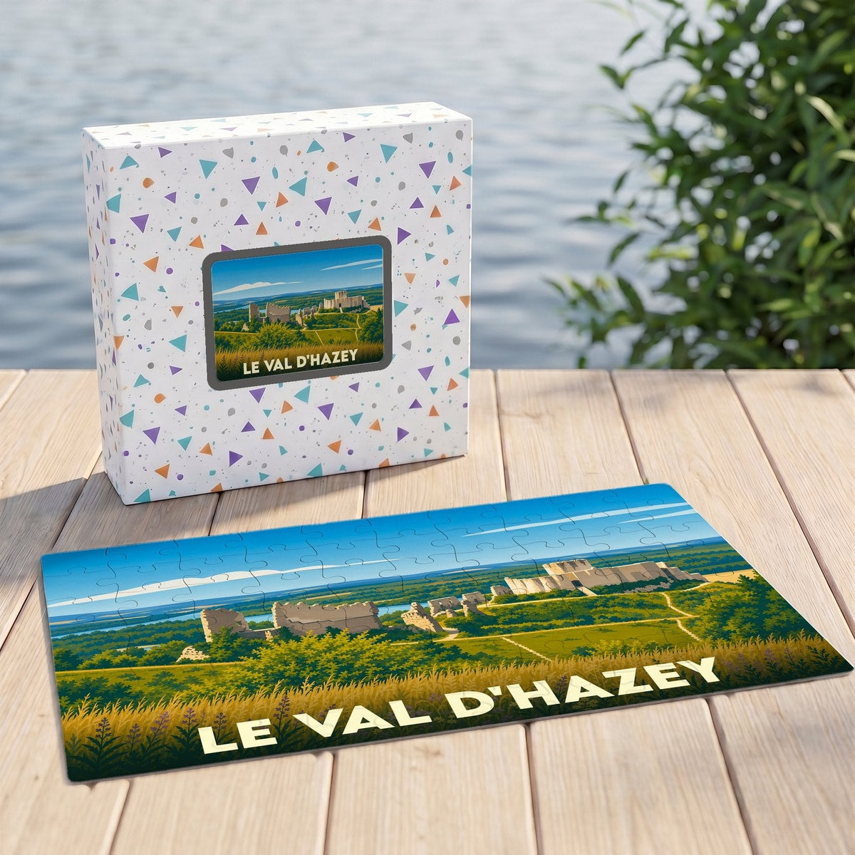 Puzzle souvenir de la ville de Le Val d'Hazey avec une illustration stylisée d'un paysage historique.