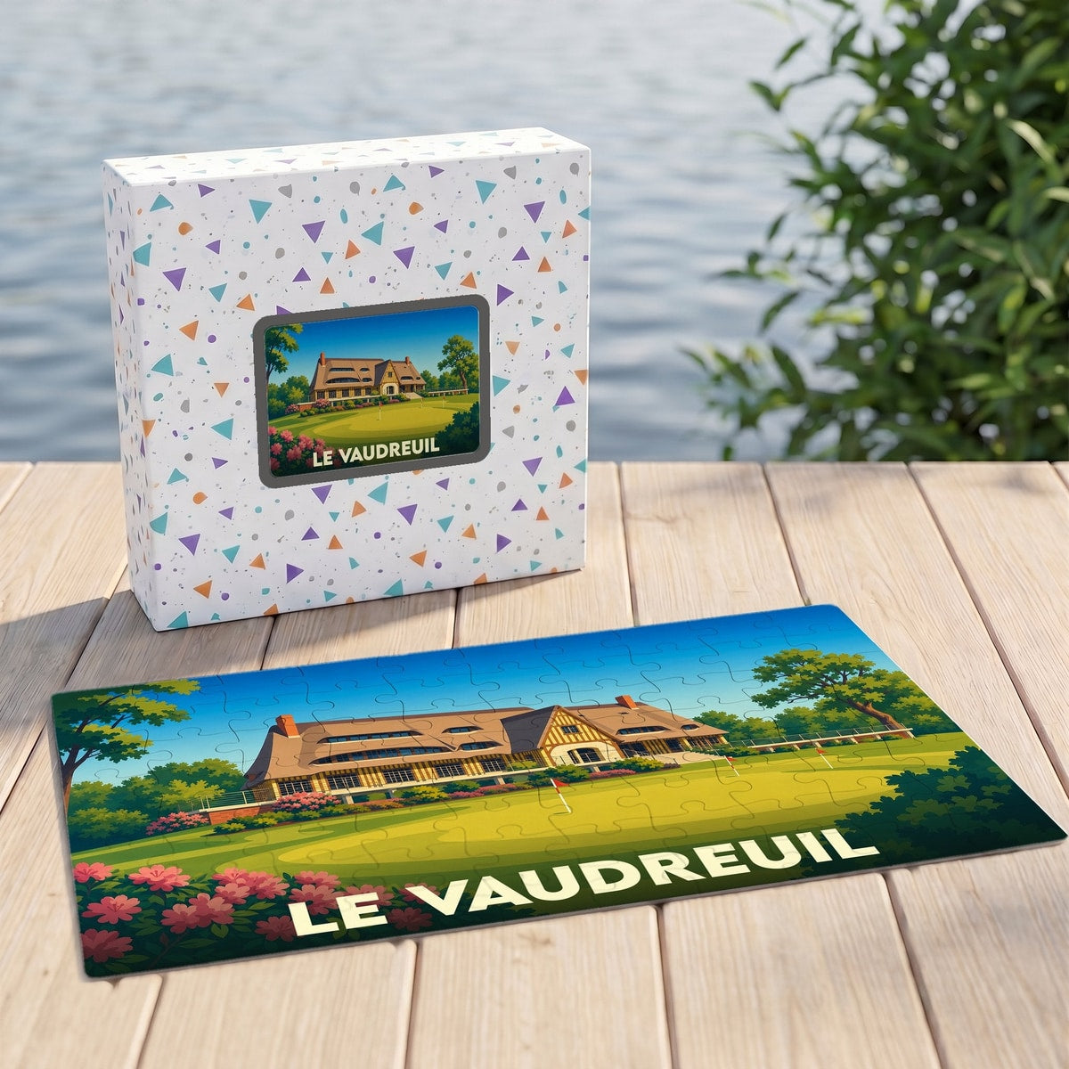 Puzzle souvenir de la ville de Le Vaudreuil avec une illustration stylisée d'un manoir normand.