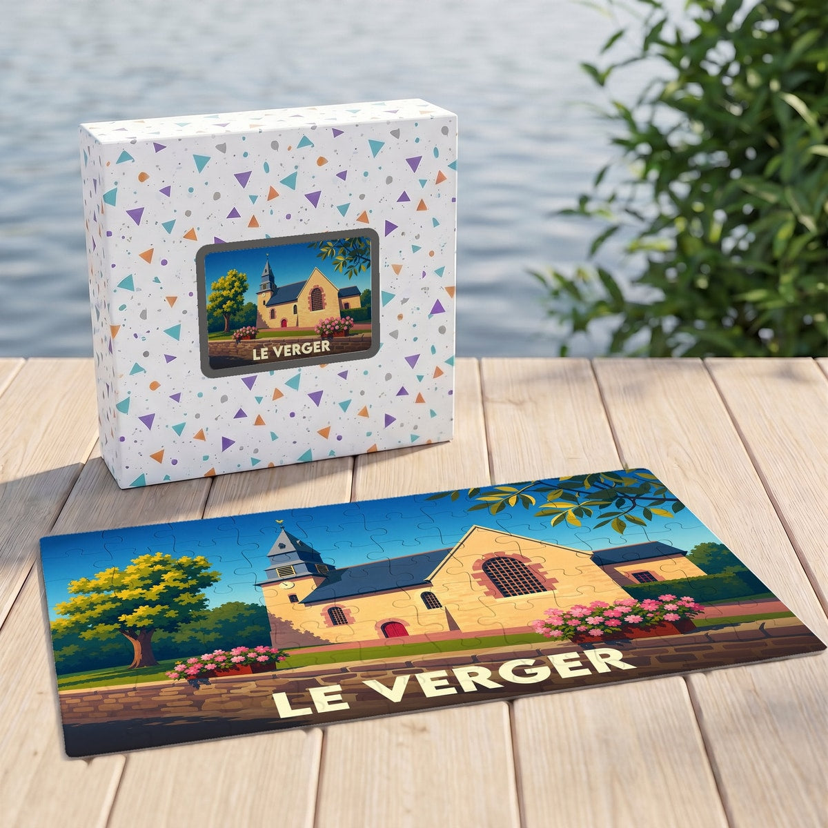 Puzzle souvenir de la ville de Le Verger avec une illustration colorée de son église et de son paysage.