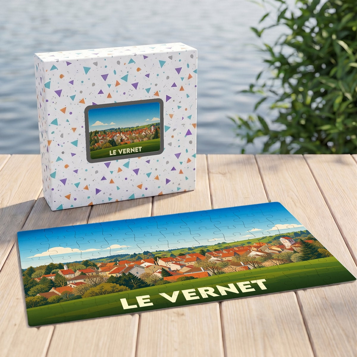 Puzzle souvenir de la ville de Le Vernet avec une illustration stylisée d'un village paysager.