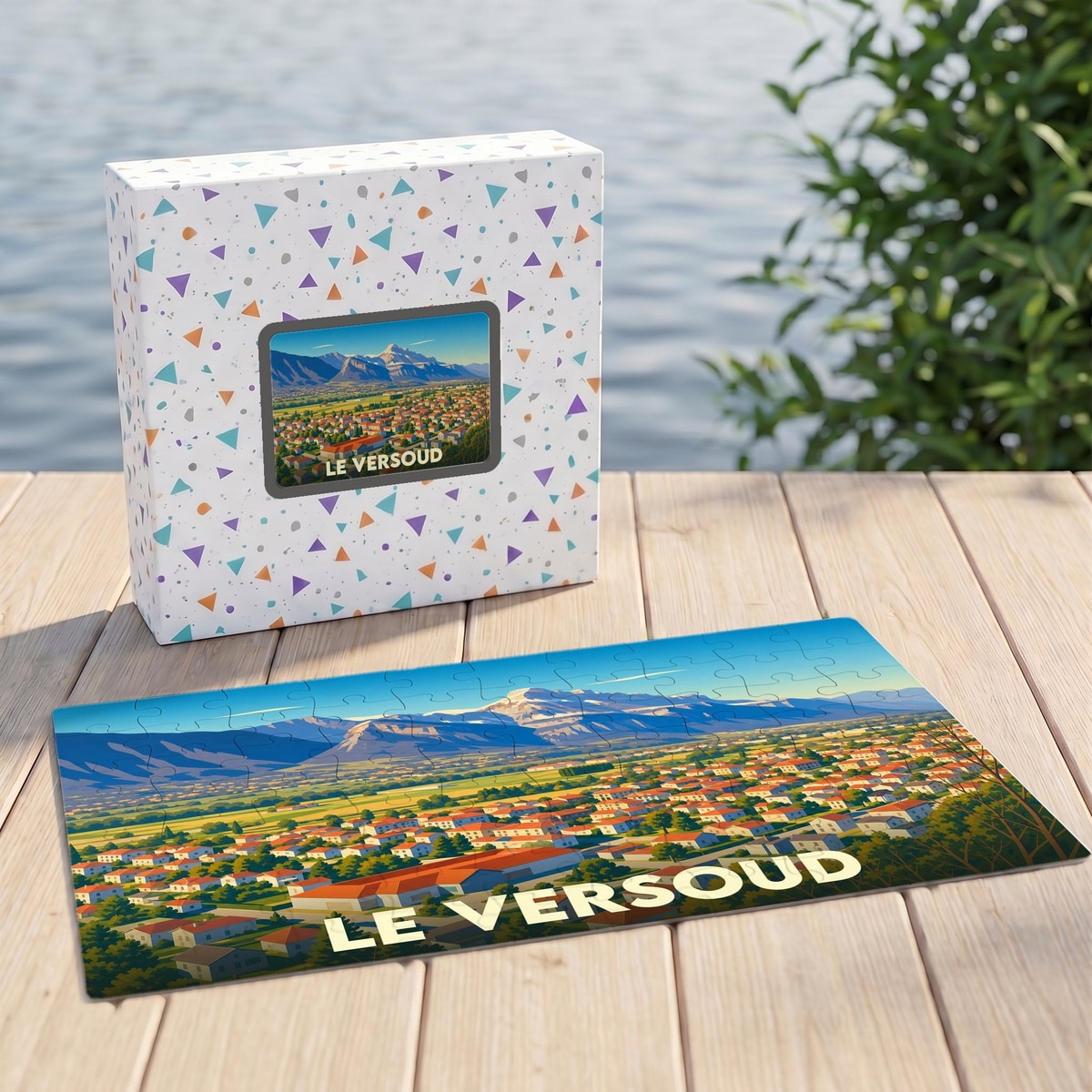 Puzzle souvenir de la ville de Le Versoud avec une illustration stylisée de son paysage urbain et montagneux.