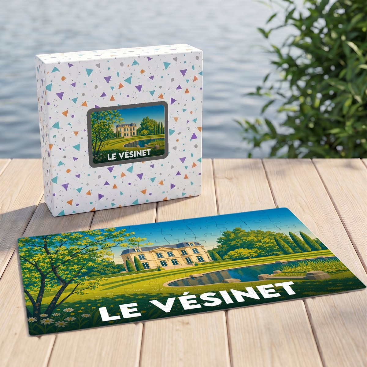 Puzzle souvenir de la ville de Le Vésinet avec une illustration stylisée d'une demeure et son parc.