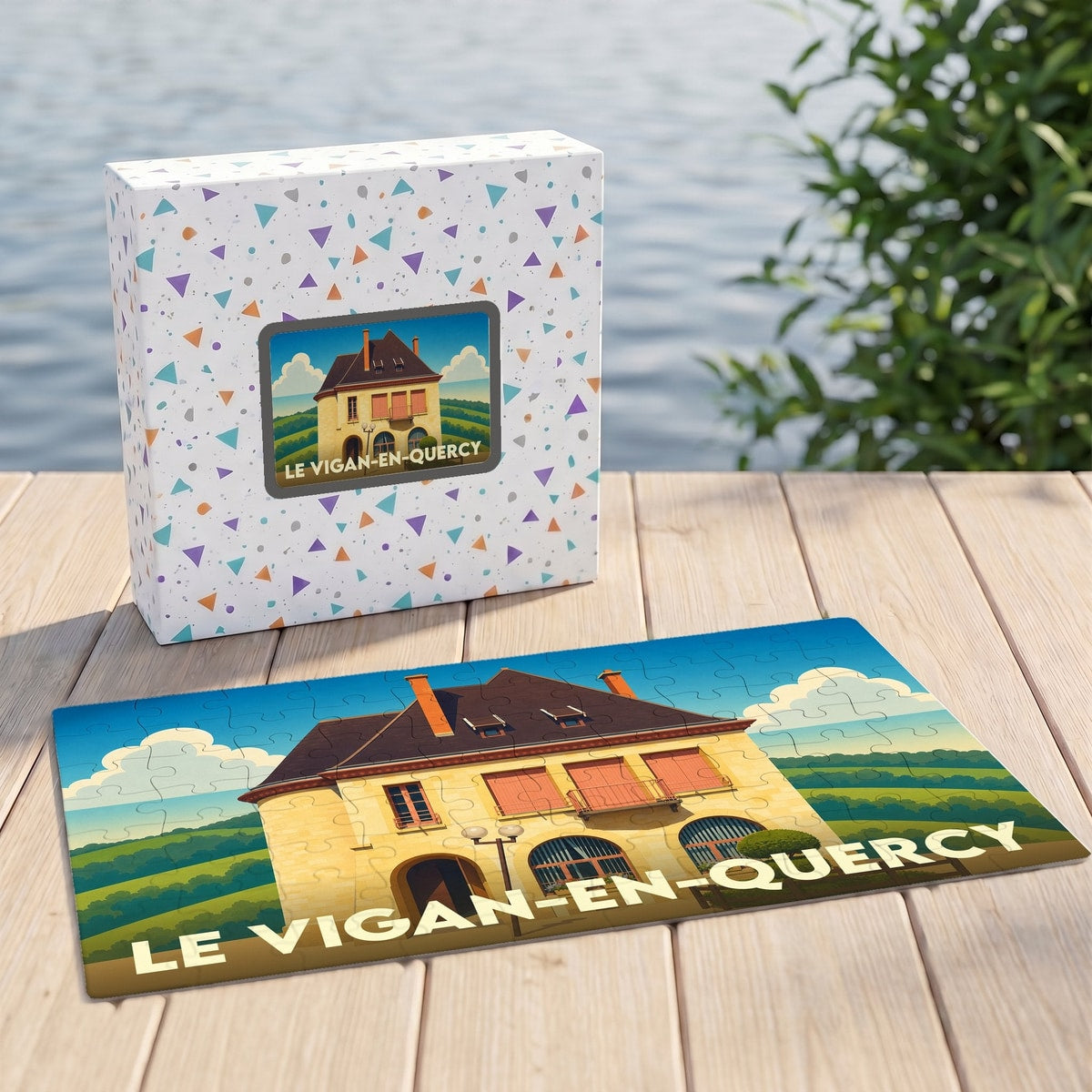 Puzzle souvenir de la ville de Le Vigan-en-Quercy avec une illustration stylisée d'une maison régionale.