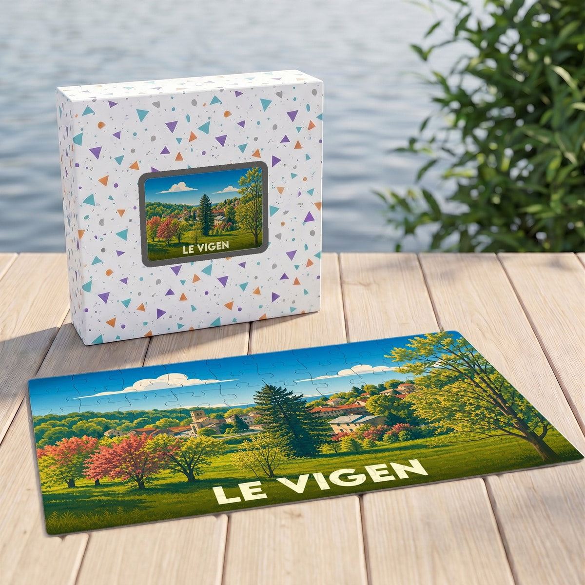 Puzzle souvenir de la ville de Le Vigen avec une illustration de paysage coloré.