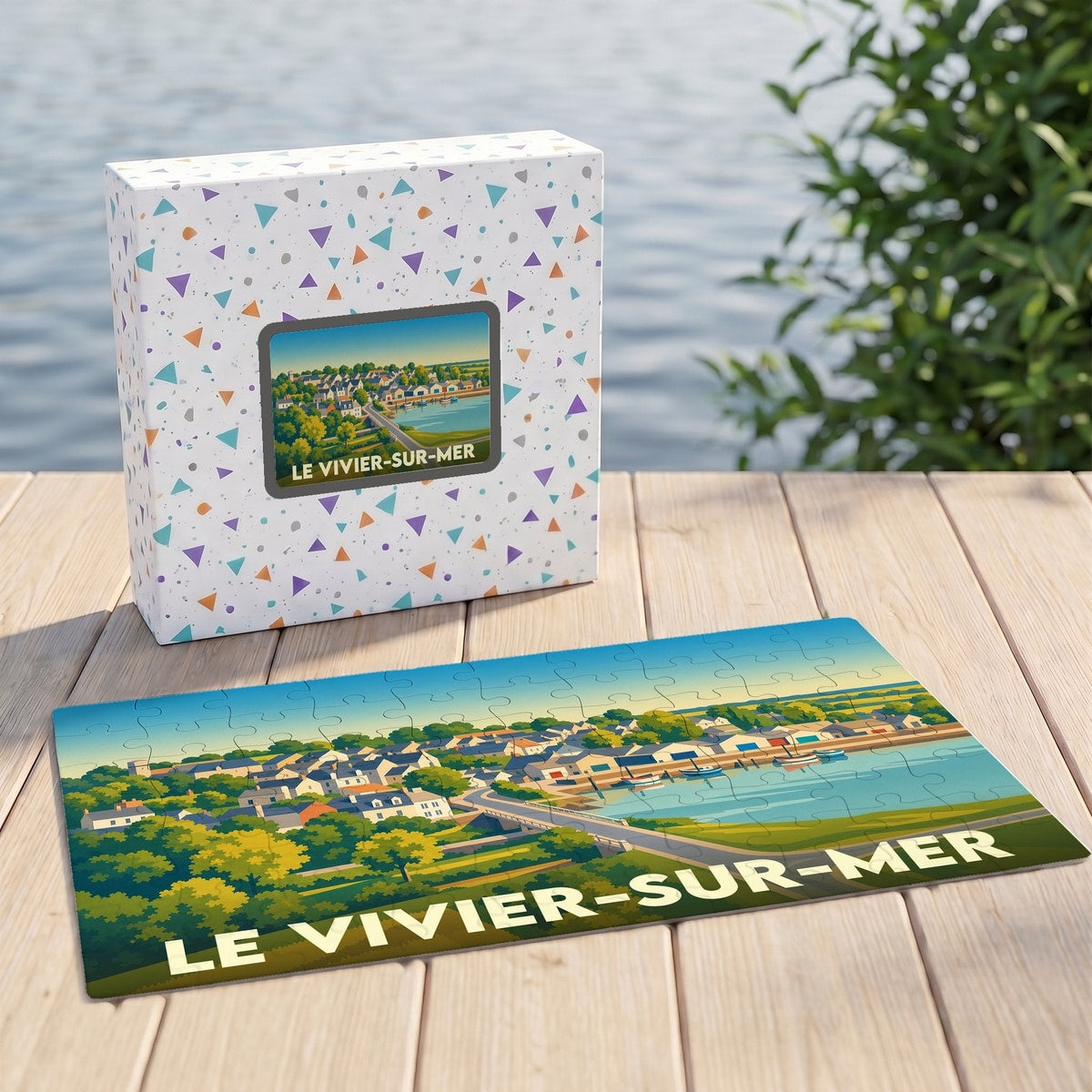 Puzzle souvenir de la ville de Le Vivier-sur-Mer avec une illustration stylisée.