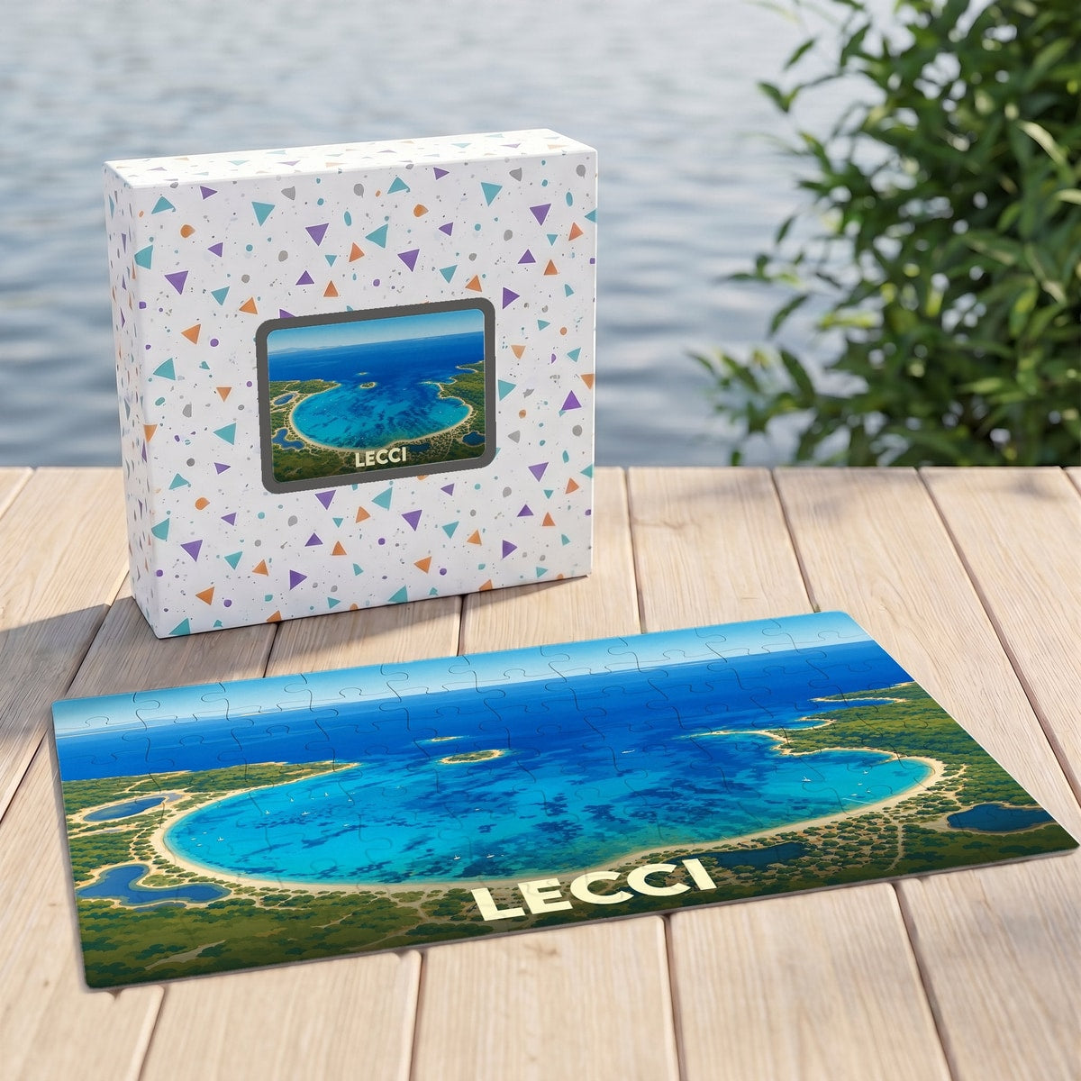 Puzzle souvenir de la ville de Lecci représentant une vue aérienne d'une baie aux eaux turquoise.