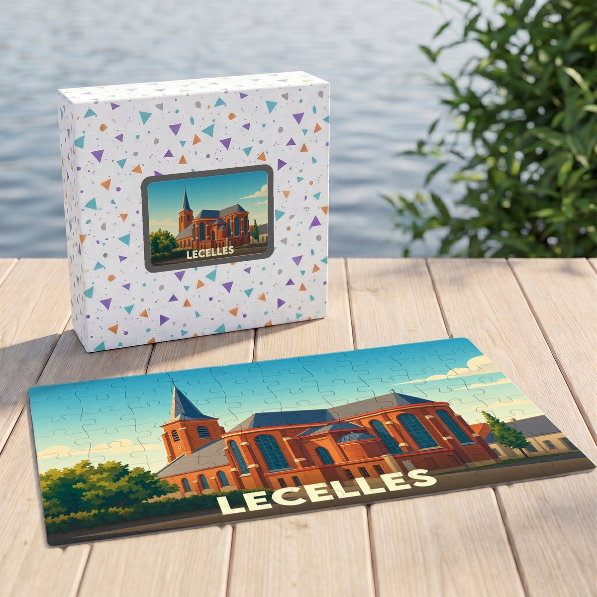 Puzzle souvenir de la ville de Lecelles avec une illustration stylisée de son église.