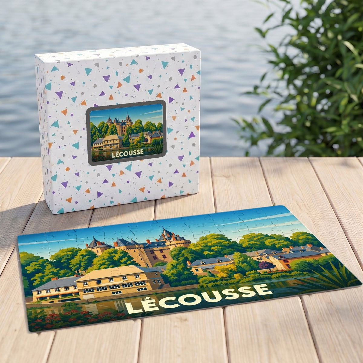 Puzzle souvenir de la ville de Lécousse représentant un paysage illustré avec son château.