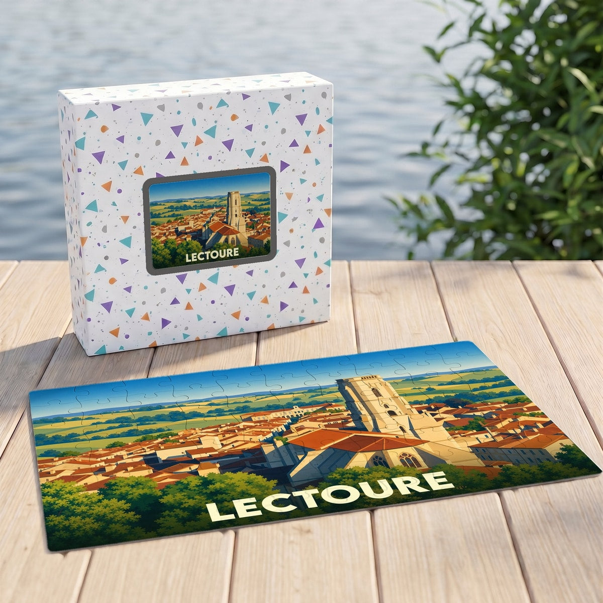 Puzzle souvenir de la ville de Lectoure représentant une vue panoramique illustrée avec son clocher emblématique.