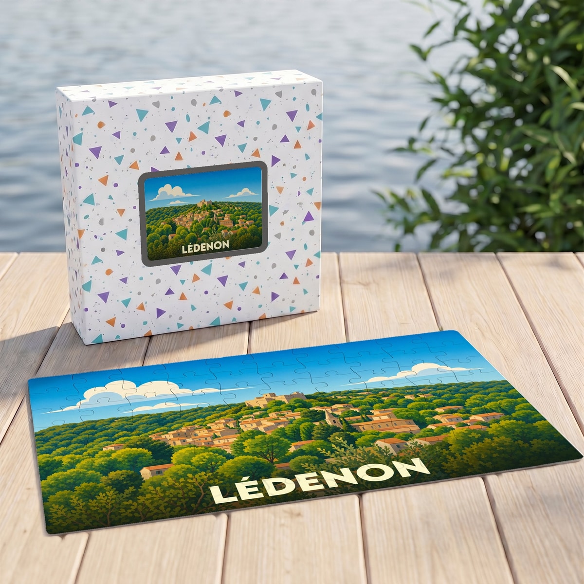 Puzzle souvenir de la ville de Lédenon avec une illustration paysagère colorée.
