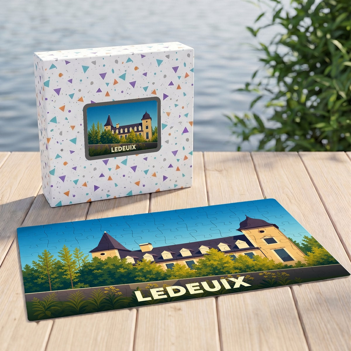 Puzzle souvenir de la ville de Ledeuix avec une illustration stylisée d'un château.