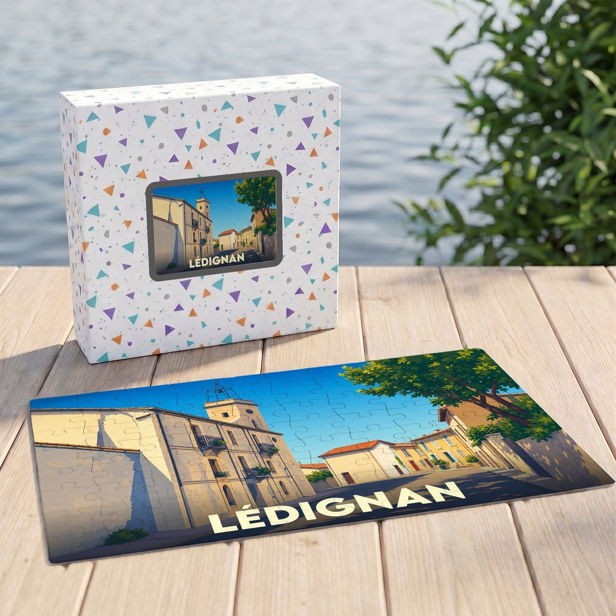 Puzzle souvenir de la ville de Lédignan avec une illustration stylisée et colorée.