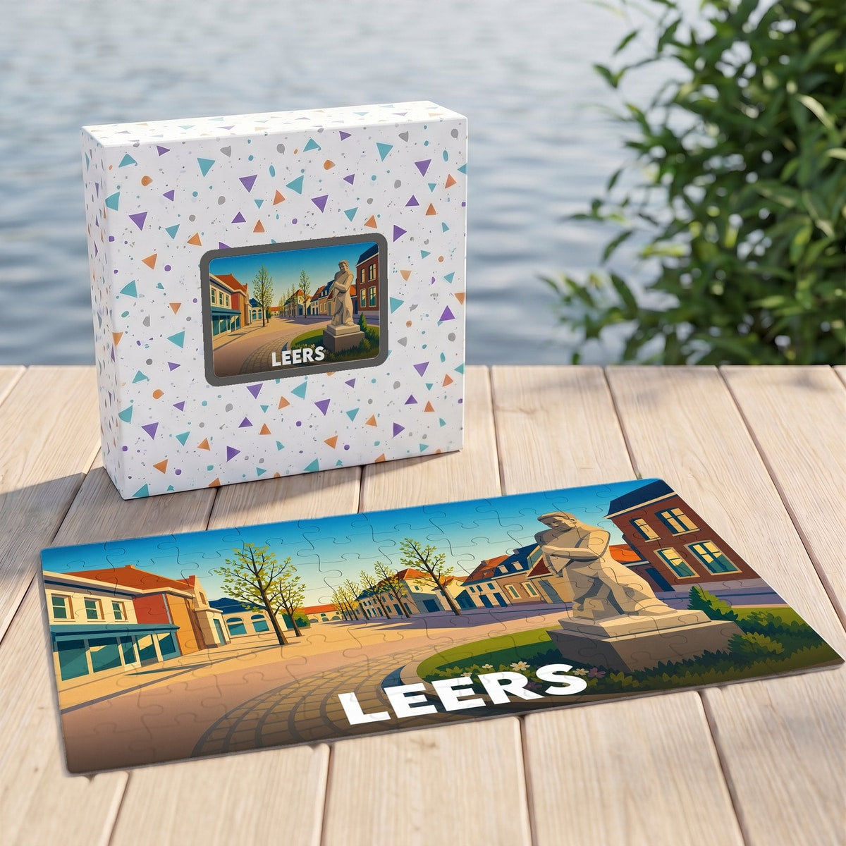 Puzzle souvenir de la ville de Leers illustrant une place avec une statue stylisée.