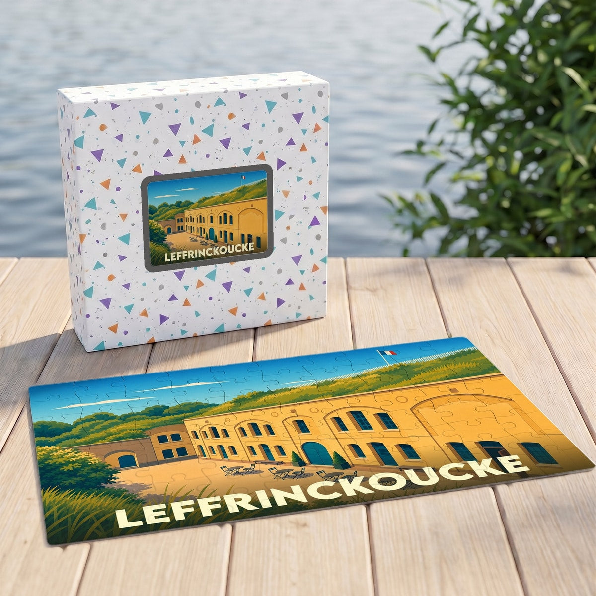 Puzzle souvenir de la ville de Leffrinckoucke avec une illustration stylisée de son fort historique.